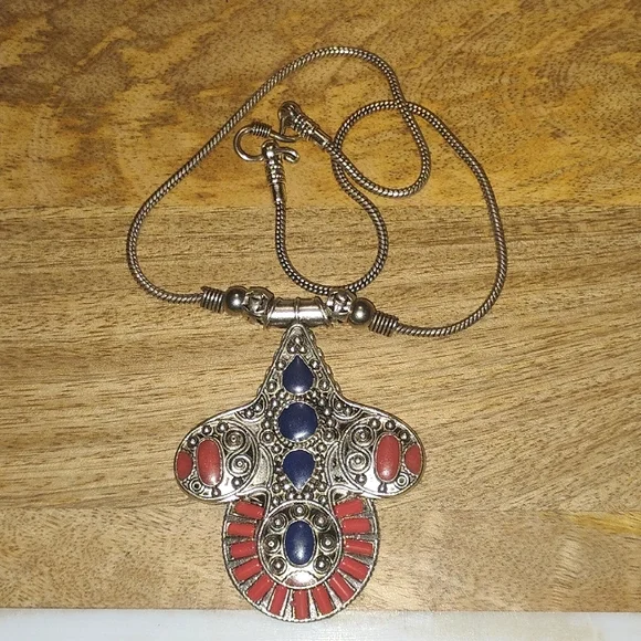 Silver Pendant Necklace with Blue & Coral Red Accents NEW - Picture 4 of 14